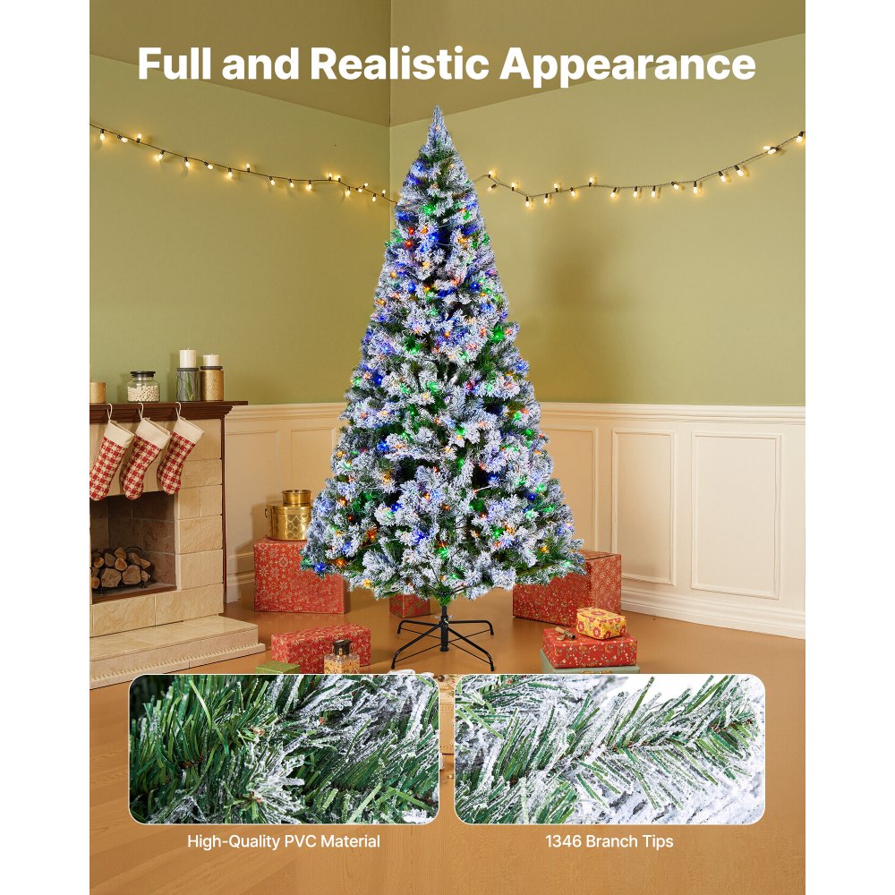 VEVOR Christmas Tree, 7.2ft Prelit Flocked Artificial Tree, Full Holiday Xmas Deco Trees with 470 Colorful LED Lights, 11 Lighting Modes & 1346 Branch Tips for Home Party Office Decoration