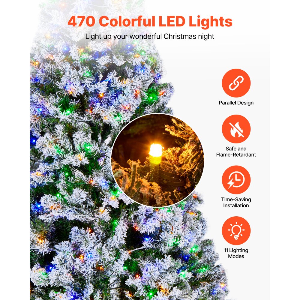 VEVOR Christmas Tree, 7.2ft Prelit Flocked Artificial Tree, Full Holiday Xmas Deco Trees with 470 Colorful LED Lights, 11 Lighting Modes & 1346 Branch Tips for Home Party Office Decoration