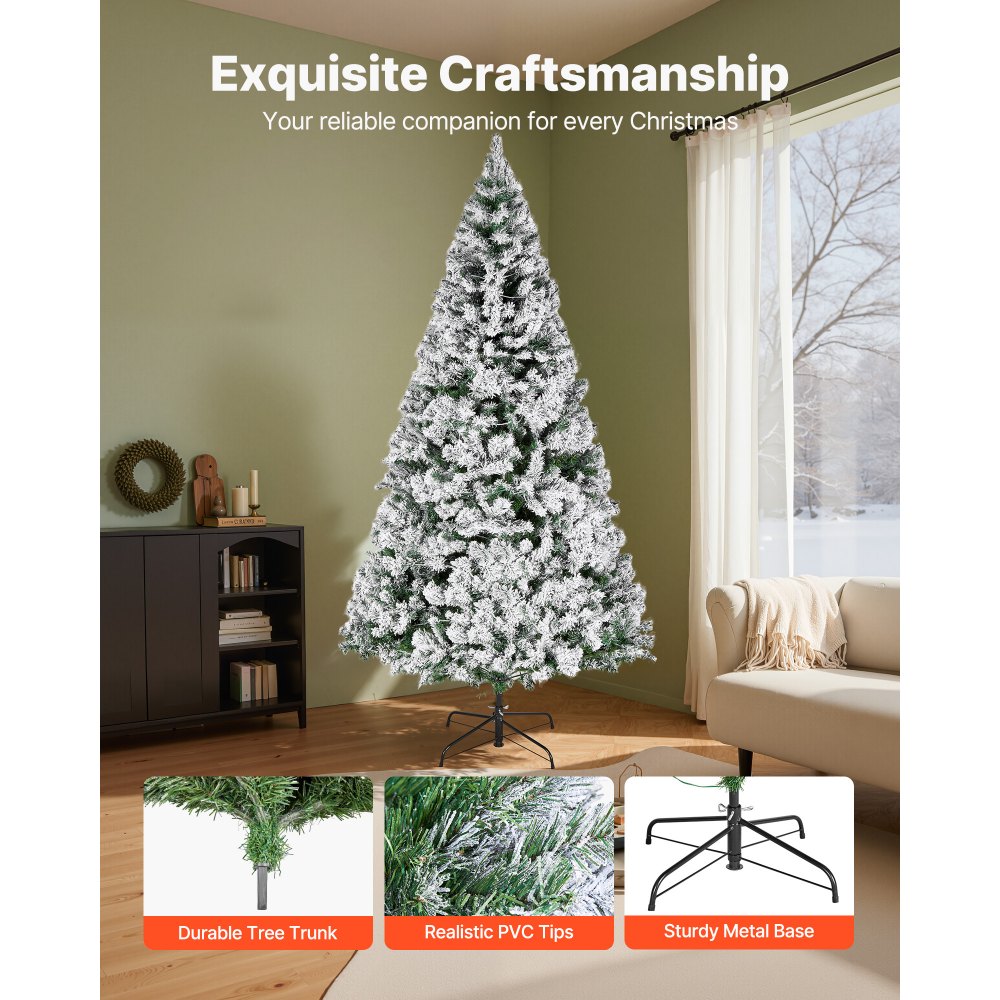 VEVOR Christmas Tree, 7.2ft Prelit Flocked Artificial Tree, Full Holiday Xmas Deco Trees with 470 Colorful LED Lights, 11 Lighting Modes & 1346 Branch Tips for Home Party Office Decoration