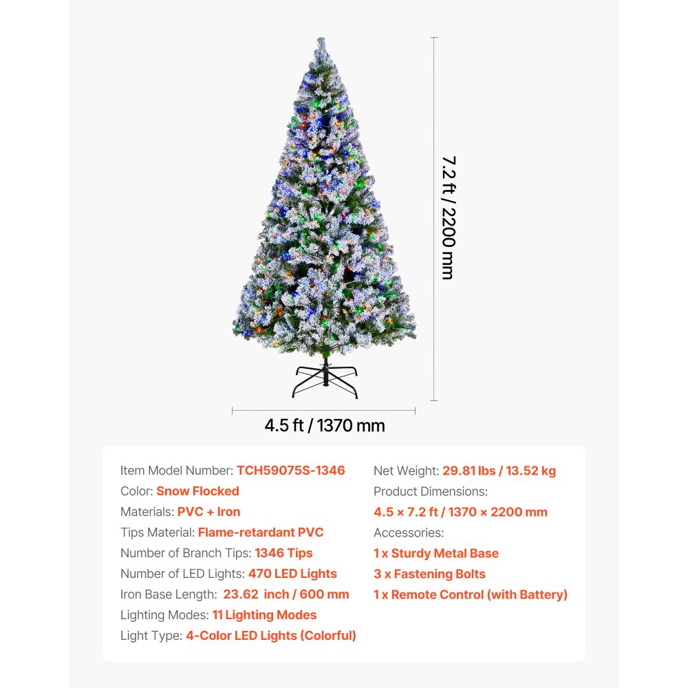 VEVOR Christmas Tree, 7.2ft Prelit Flocked Artificial Tree, Full Holiday Xmas Deco Trees with 470 Colorful LED Lights, 11 Lighting Modes & 1346 Branch Tips for Home Party Office Decoration