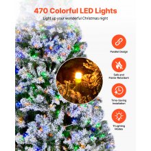 VEVOR Christmas Tree, 7.2ft Prelit Flocked Artificial Tree, Full Holiday Xmas Deco Trees with 470 Colorful LED Lights, 11 Lighting Modes & 1346 Branch Tips for Home Party Office Decoration