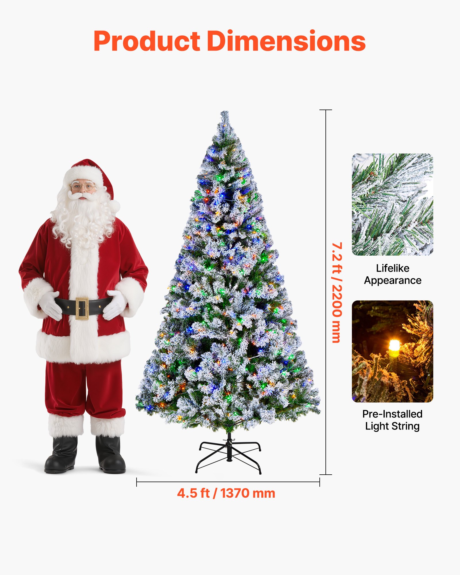 VEVOR Christmas Tree, 7.2ft Prelit Flocked Artificial Tree, Full Holiday Xmas Deco Trees with 470 Colorful LED Lights, 11 Lighting Modes & 1346 Branch Tips for Home Party Office Decoration