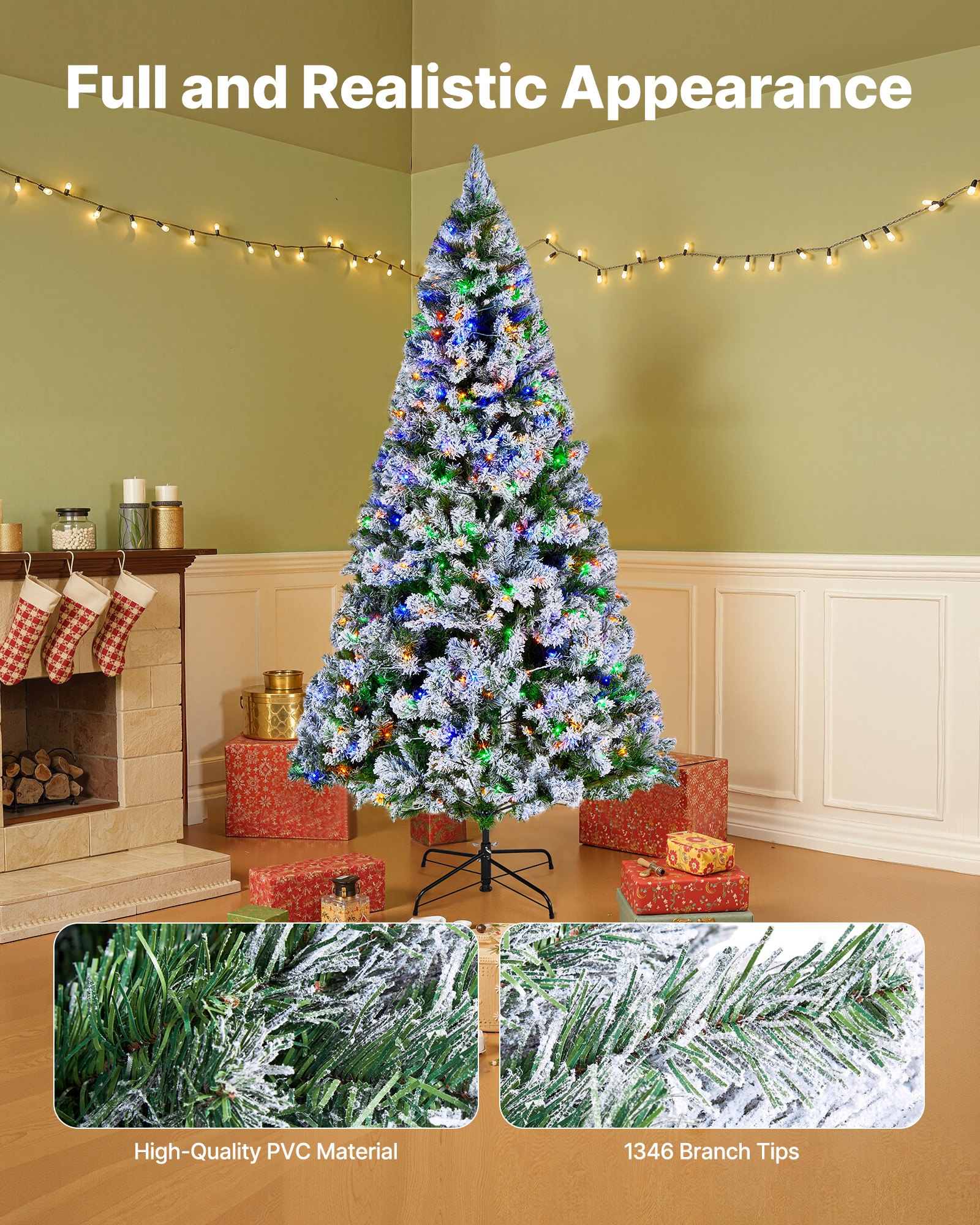 VEVOR Christmas Tree, 7.2ft Prelit Flocked Artificial Tree, Full Holiday Xmas Deco Trees with 470 Colorful LED Lights, 11 Lighting Modes & 1346 Branch Tips for Home Party Office Decoration
