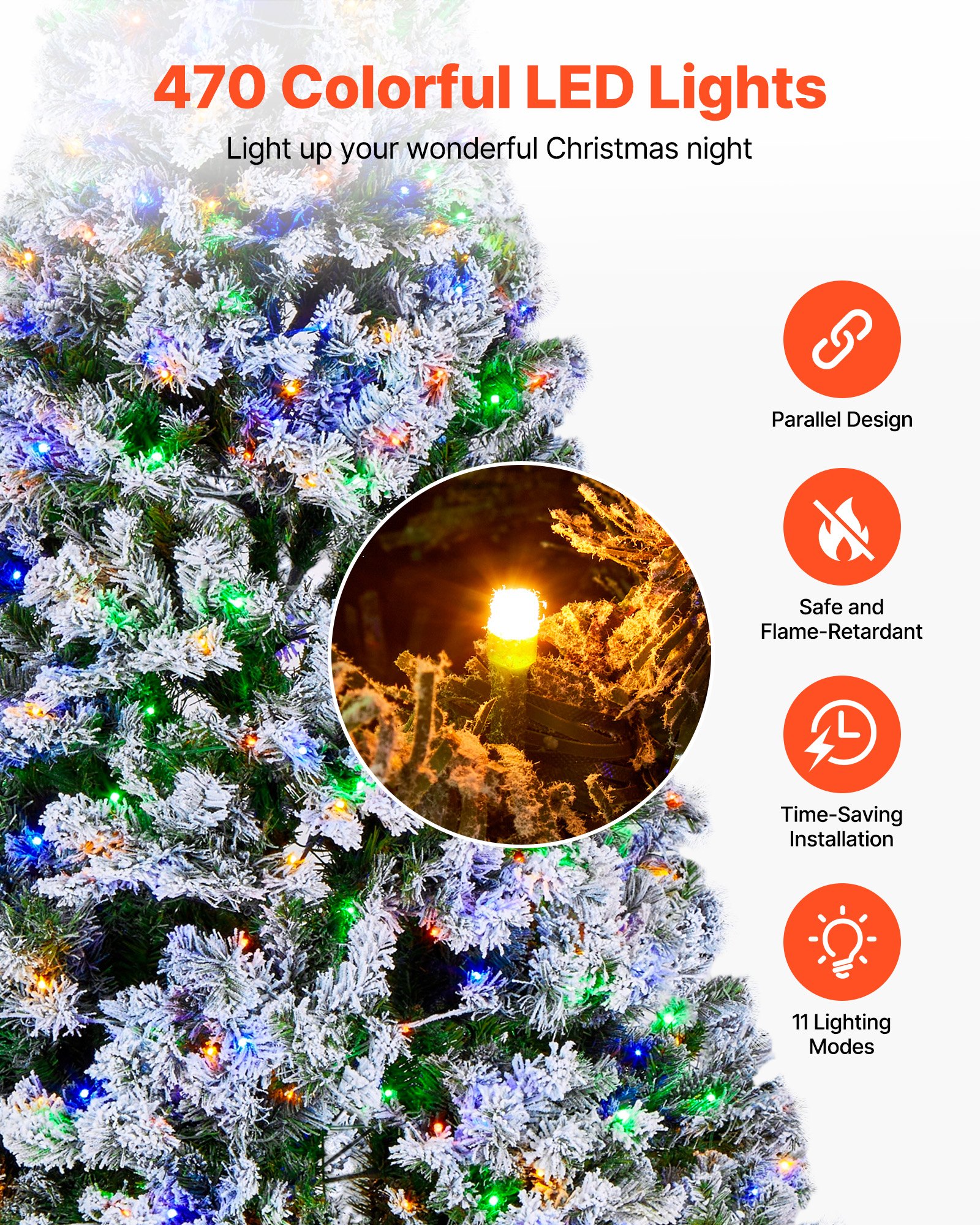 VEVOR Christmas Tree, 7.2ft Prelit Flocked Artificial Tree, Full Holiday Xmas Deco Trees with 470 Colorful LED Lights, 11 Lighting Modes & 1346 Branch Tips for Home Party Office Decoration