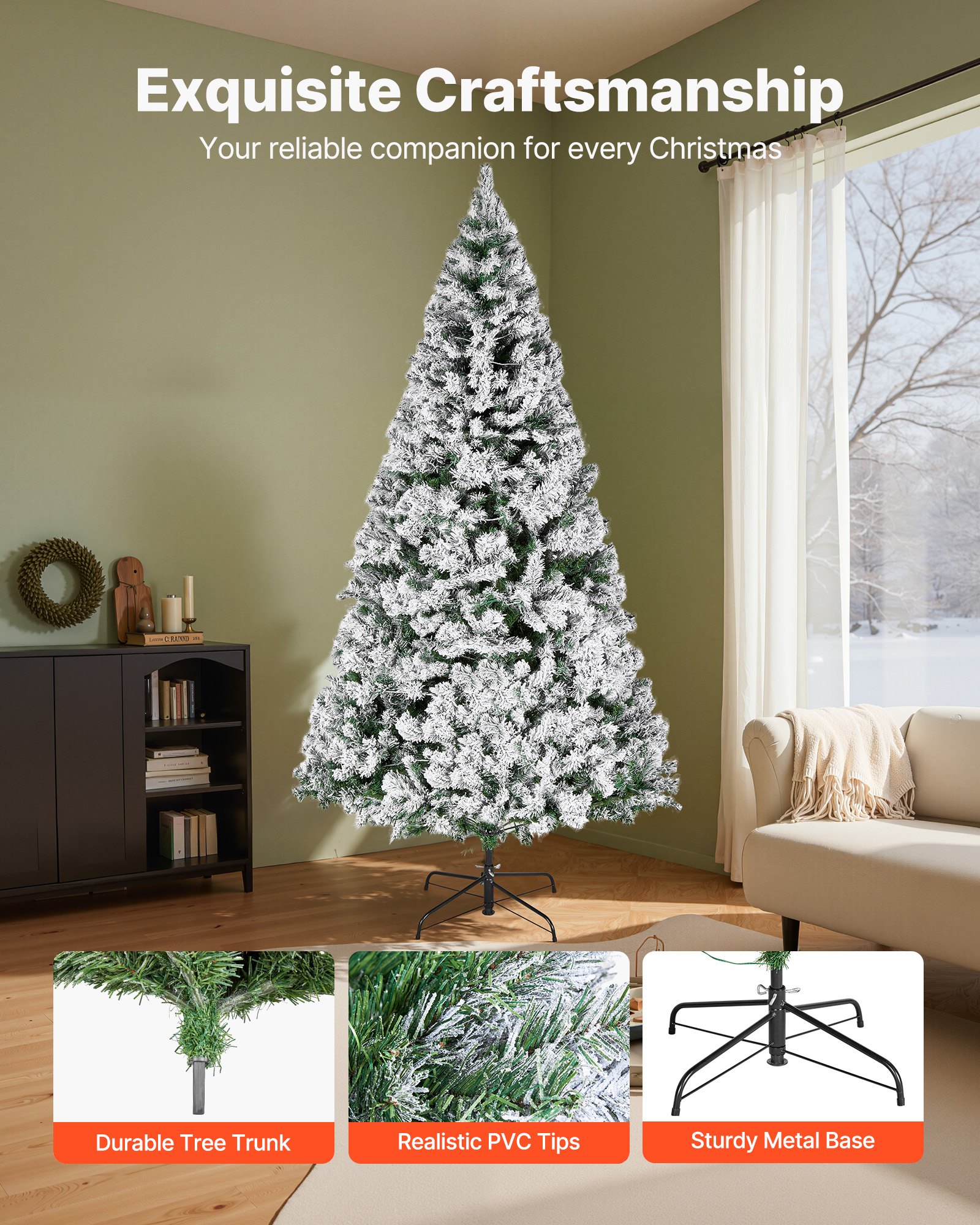 VEVOR Christmas Tree, 7.2ft Prelit Flocked Artificial Tree, Full Holiday Xmas Deco Trees with 470 Colorful LED Lights, 11 Lighting Modes & 1346 Branch Tips for Home Party Office Decoration