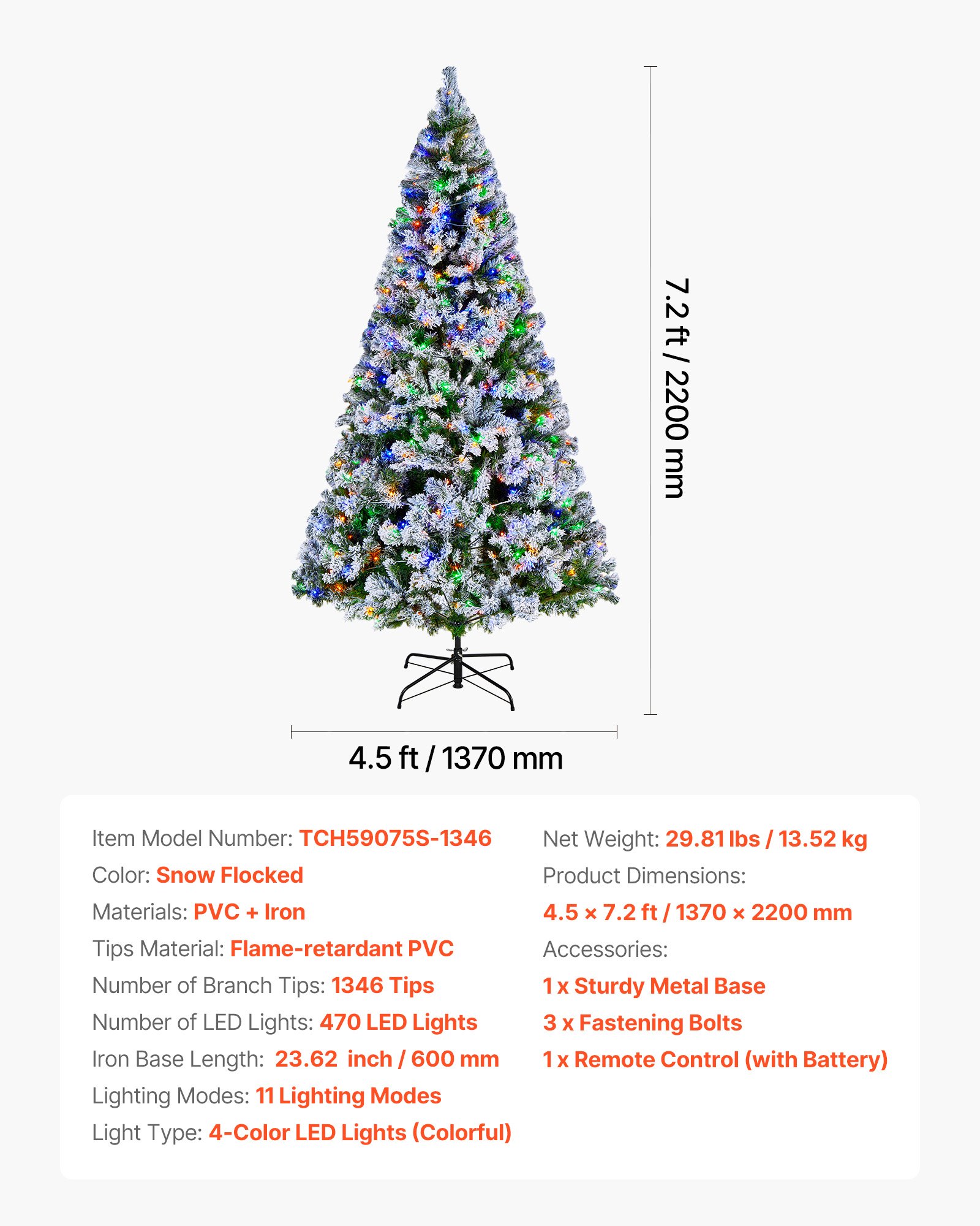 VEVOR Christmas Tree, 7.2ft Prelit Flocked Artificial Tree, Full Holiday Xmas Deco Trees with 470 Colorful LED Lights, 11 Lighting Modes & 1346 Branch Tips for Home Party Office Decoration