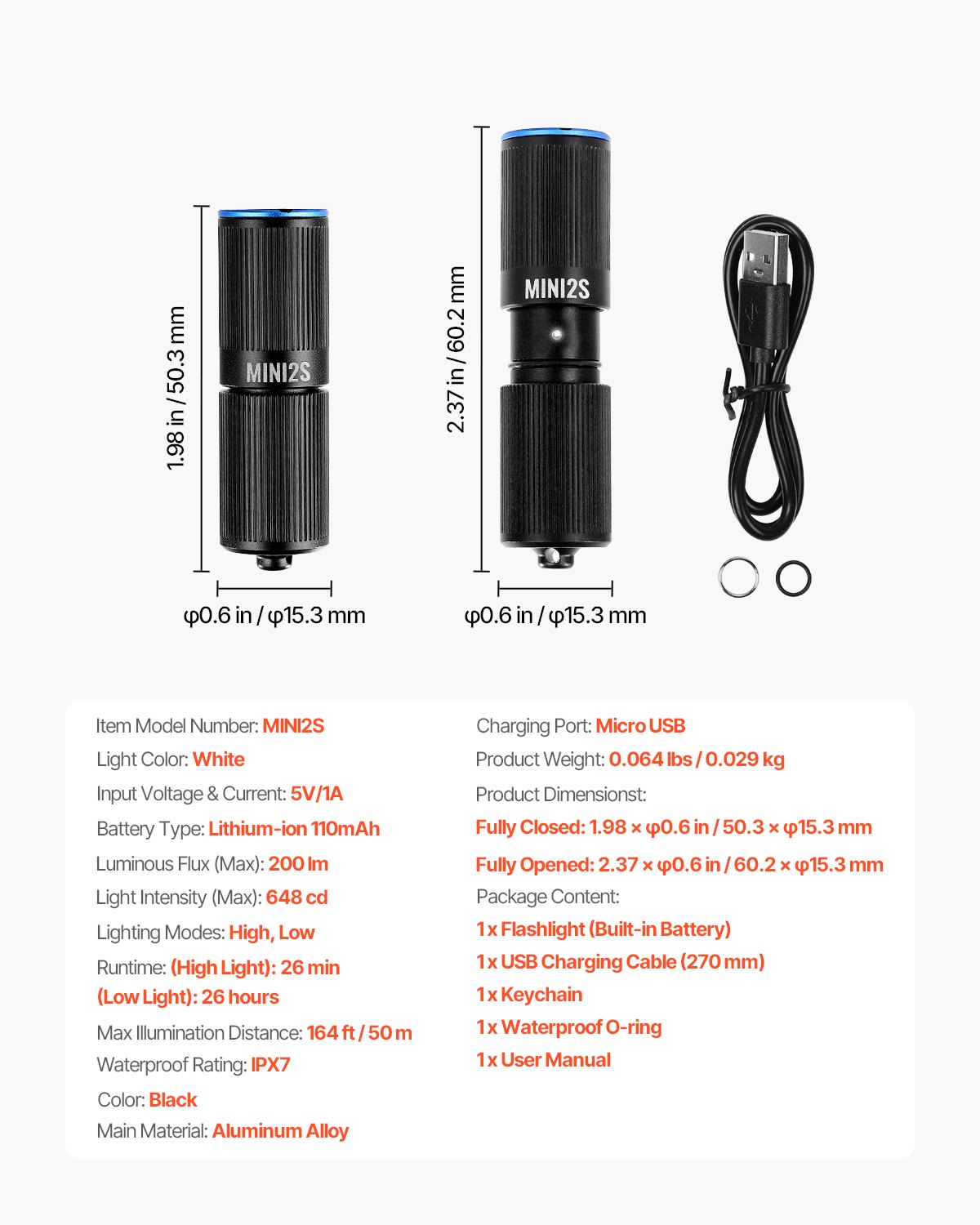 VEVOR Keychain Flashlight, Rechargeable Mini LED Flashlight, 200 High Lumens Pocket-Sized Flashlight with 2 Lighting Modes, IPX7 Waterproof Portable Flashlight for Everyday Carry, Camping, Emergencies