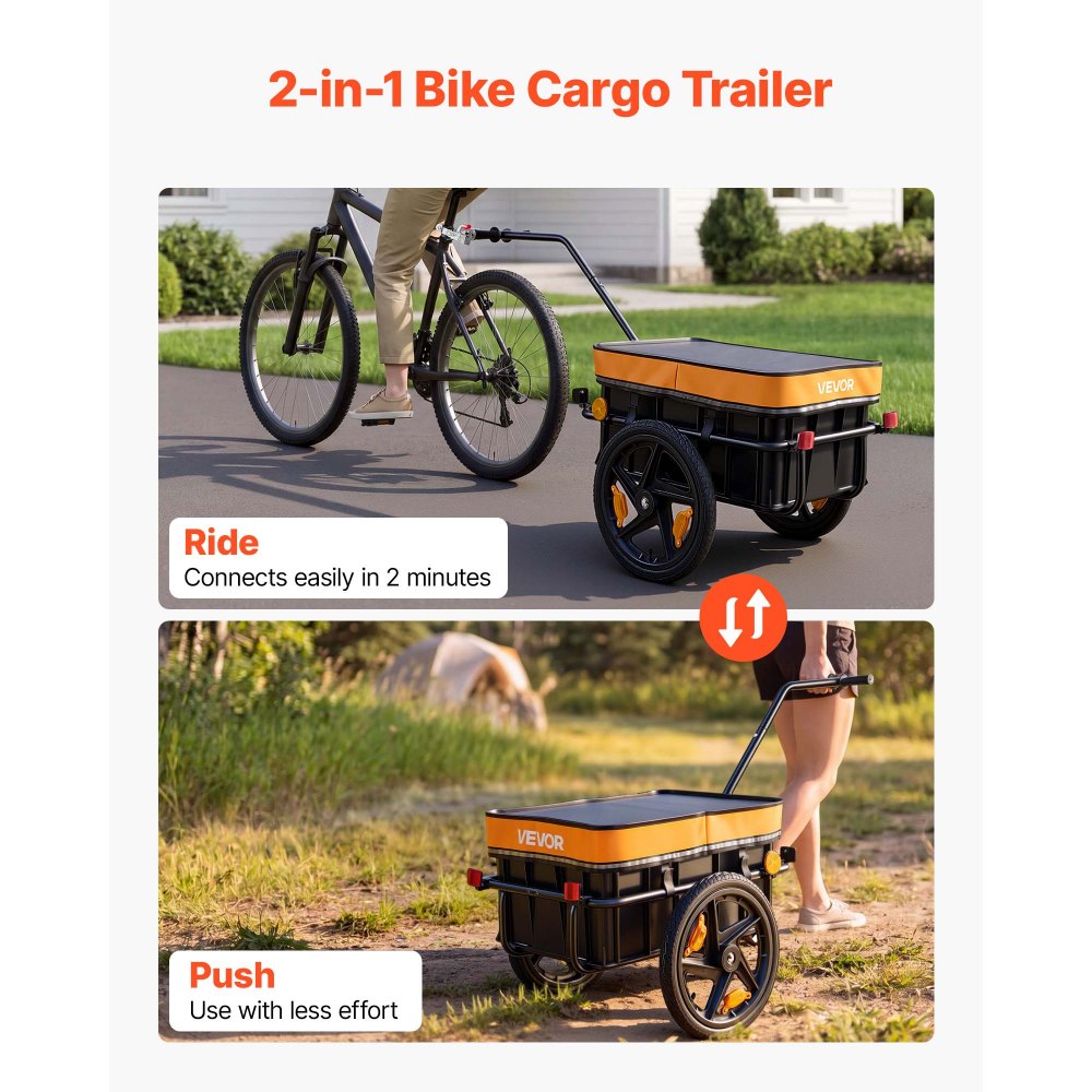 VEVOR Bike Cargo Trailer 88 lbs 2-in-1 Pushcart Heavy-Duty Bicycle Wagon, Cart with Waterproof Cover, 16-Inch Wheels, Reflectors, Carbon Steel Frame, Fits 22-28 in Bike Wheels, for Carrying Cargo