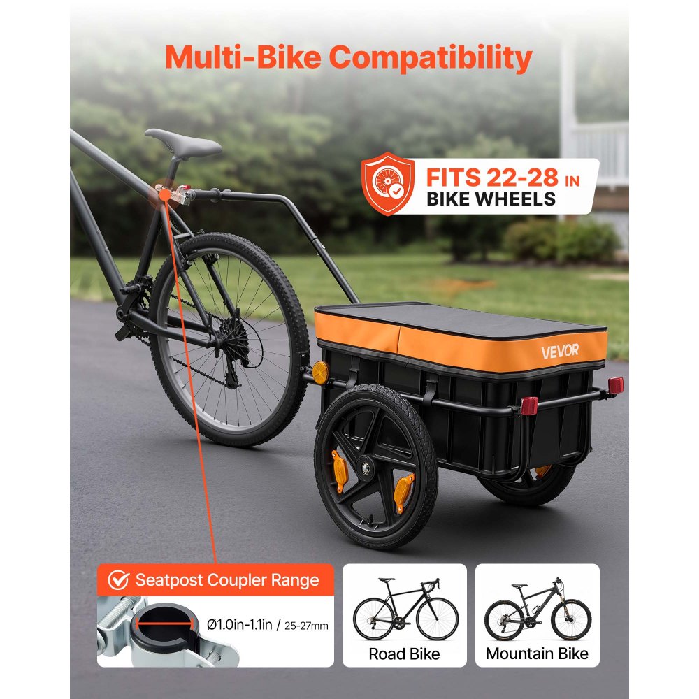 VEVOR Bike Cargo Trailer 88 lbs 2-in-1 Pushcart Heavy-Duty Bicycle Wagon, Cart with Waterproof Cover, 16-Inch Wheels, Reflectors, Carbon Steel Frame, Fits 22-28 in Bike Wheels, for Carrying Cargo