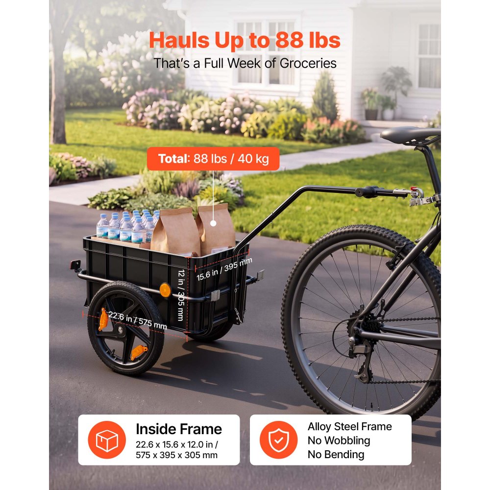VEVOR Bike Cargo Trailer 88 lbs 2-in-1 Pushcart Heavy-Duty Bicycle Wagon, Cart with Waterproof Cover, 16-Inch Wheels, Reflectors, Carbon Steel Frame, Fits 22-28 in Bike Wheels, for Carrying Cargo