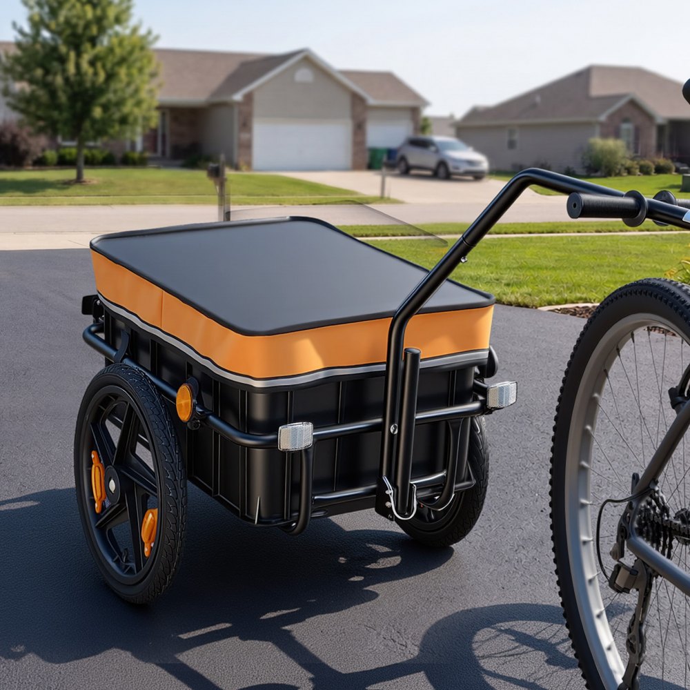 VEVOR Bike Cargo Trailer 88 lbs 2-in-1 Pushcart Heavy-Duty Bicycle Wagon, Cart with Waterproof Cover, 16-Inch Wheels, Reflectors, Carbon Steel Frame, Fits 22-28 in Bike Wheels, for Carrying Cargo