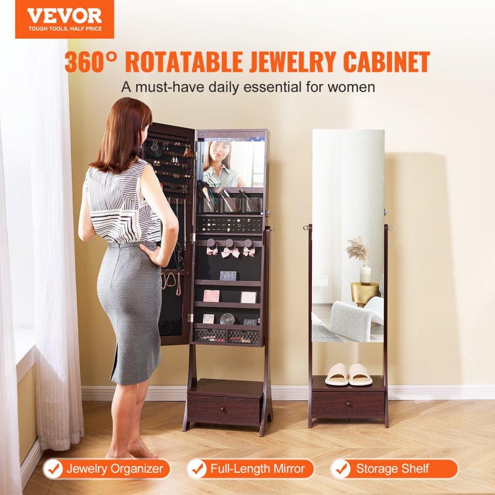 VEVOR Mirror Jewelry Cabinet, Standing Mirror with Storage, Lockable Jewelry Mirror Organizer with Full Length Mirror, Velvet Lining, Interior LED Light, Drawer, Freestanding Jewelry Armoire, Brown