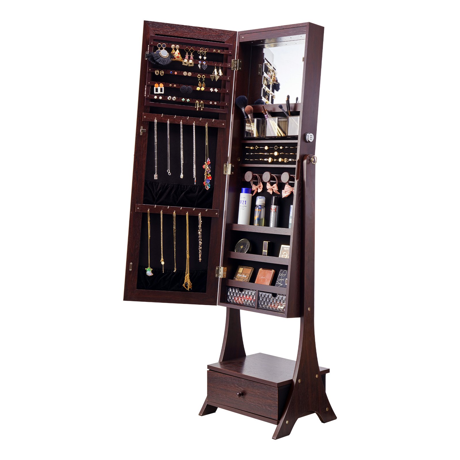 VEVOR Mirror Jewelry Cabinet, Standing Mirror with Storage, Lockable Jewelry Mirror Organizer with Full Length Mirror, Velvet Lining, Interior LED Light, Drawer, Freestanding Jewelry Armoire, Brown