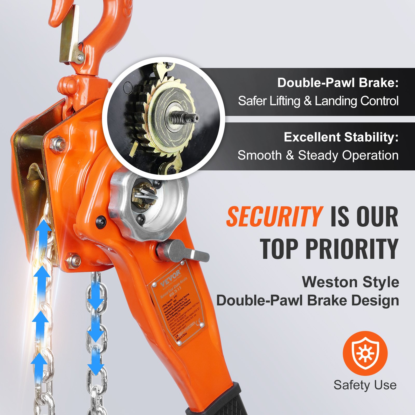 VEVOR chain hoist with double-pawl brake, safety features, and stability for secure lifting operations.