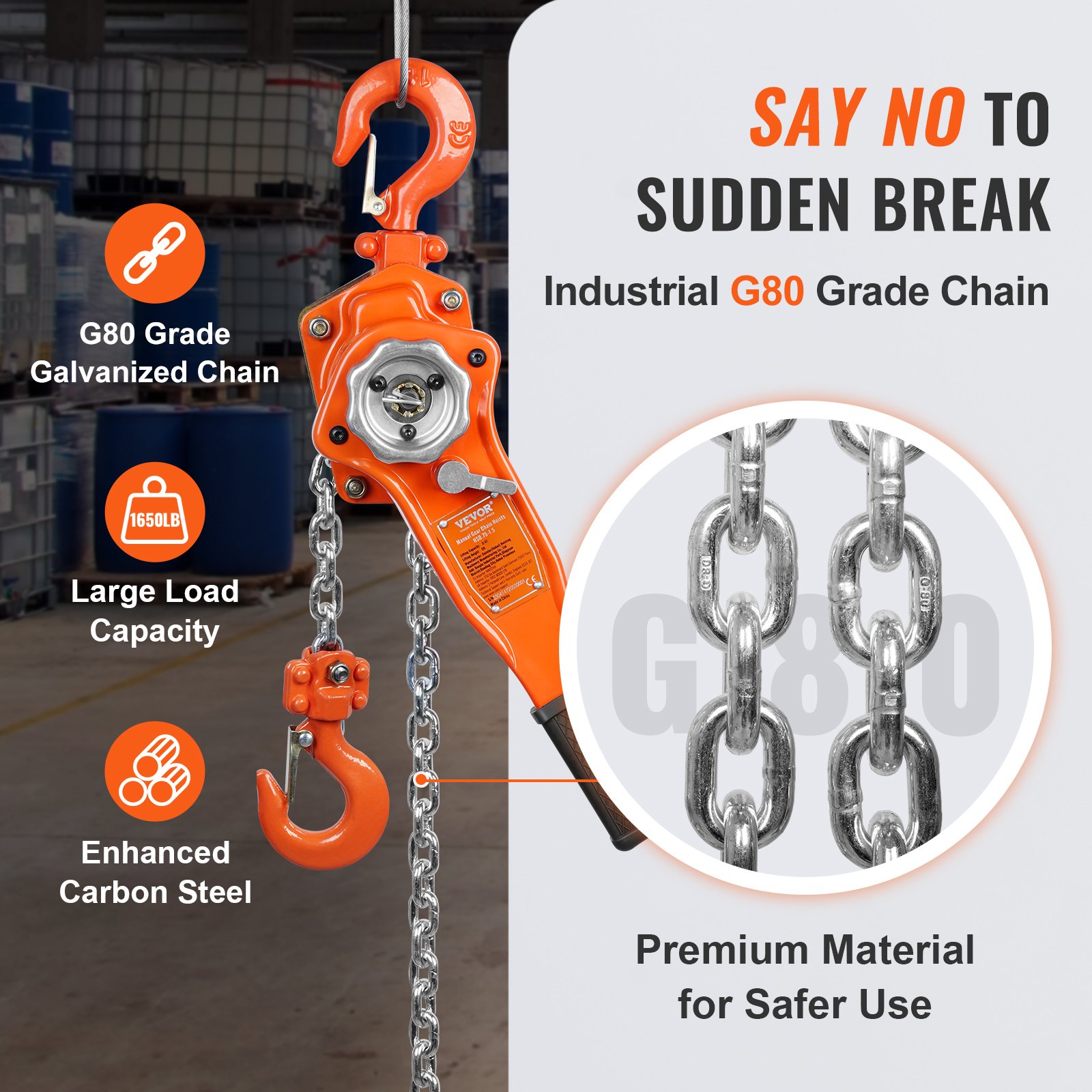 VEVOR chain hoist with g80 grade galvanized chain, large load capacity, and enhanced carbon steel.