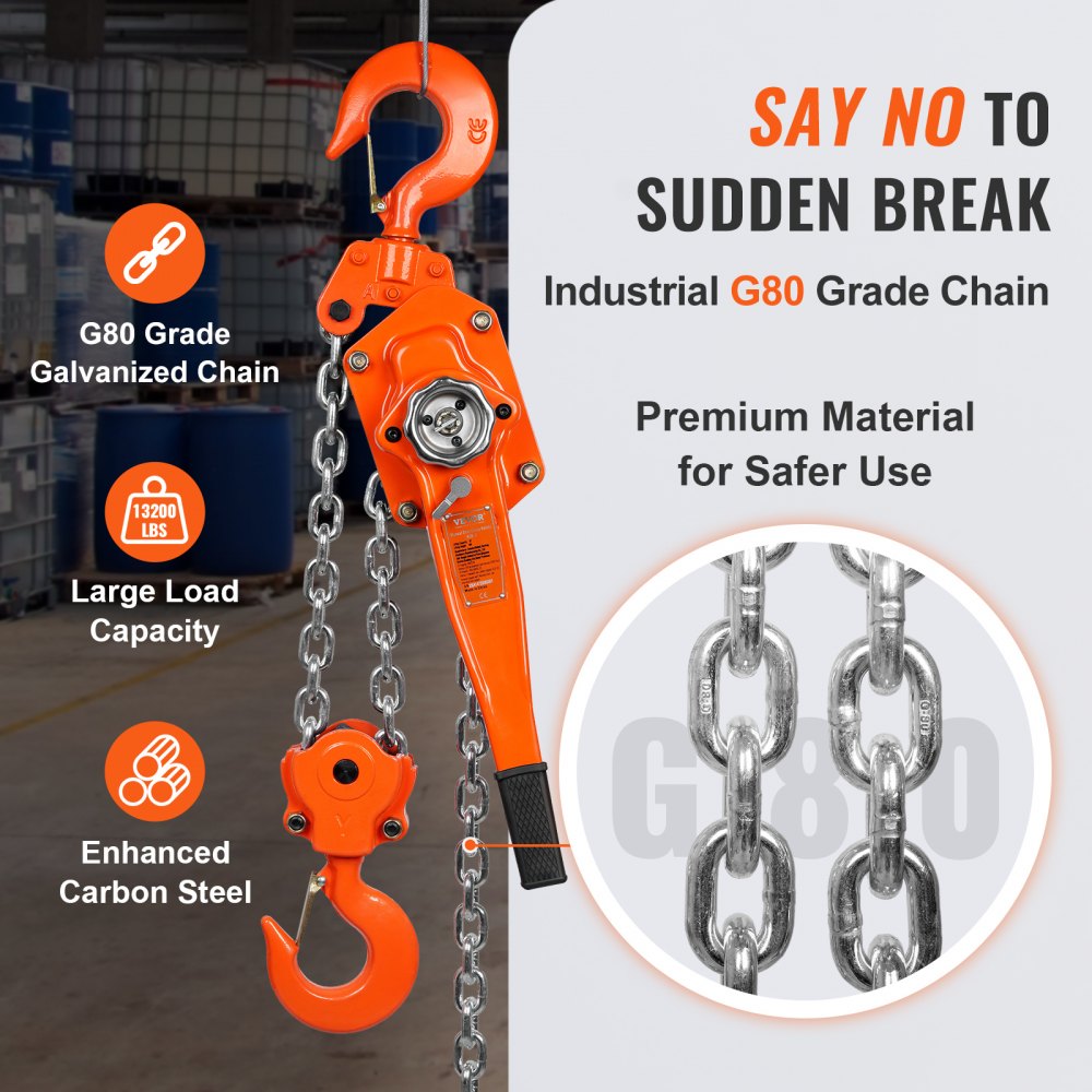 VEVOR chain hoist with g80 grade galvanized chain, large load capacity 13200 lbs, enhanced carbon steel.