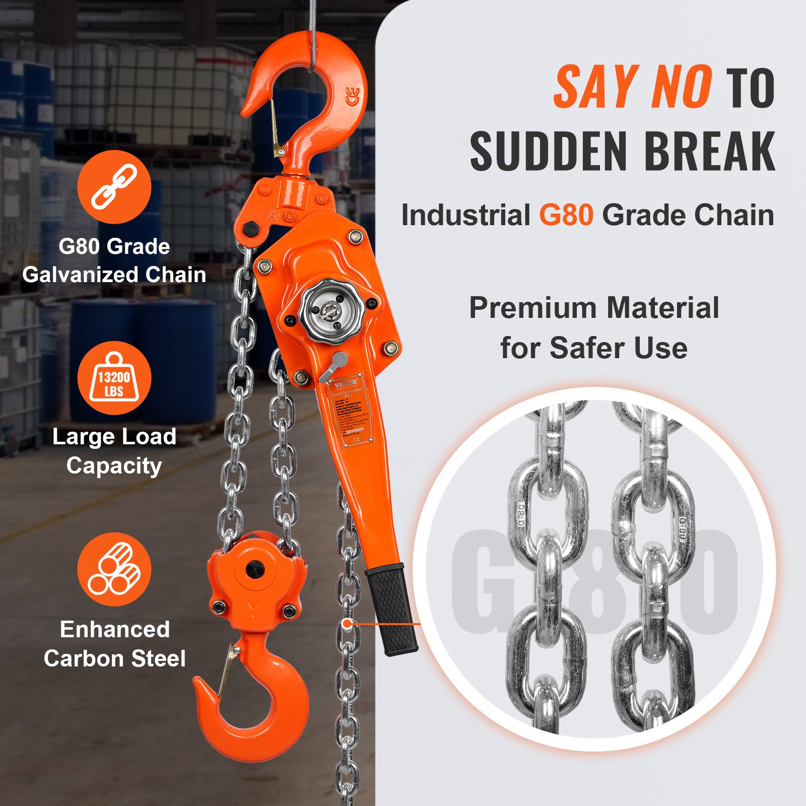 VEVOR chain hoist with g80 grade galvanized chain, large load capacity 13200 lbs, enhanced carbon steel.