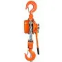 orange VEVOR manual lever chain hoist with two hooks and metal chain, side view.