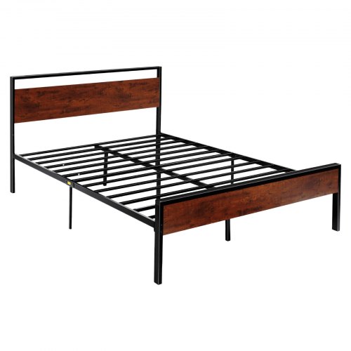 VEVOR Queen Size Bed Frame, 14 Inch Black Metal Platform Bed Frame with Retro Brown Wooden Headboard and Footboard, Large Under-Bed Storage, Non-Slip Without Noise, No Box Spring Needed, Easy Assembly