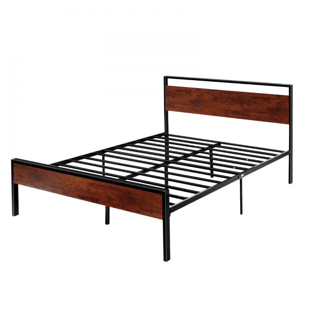 VEVOR Queen Size Bed Frame, 14 Inch Black Metal Platform Bed Frame with Retro Brown Wooden Headboard and Footboard, Large Under-Bed Storage, Non-Slip Without Noise, No Box Spring Needed, Easy Assembly