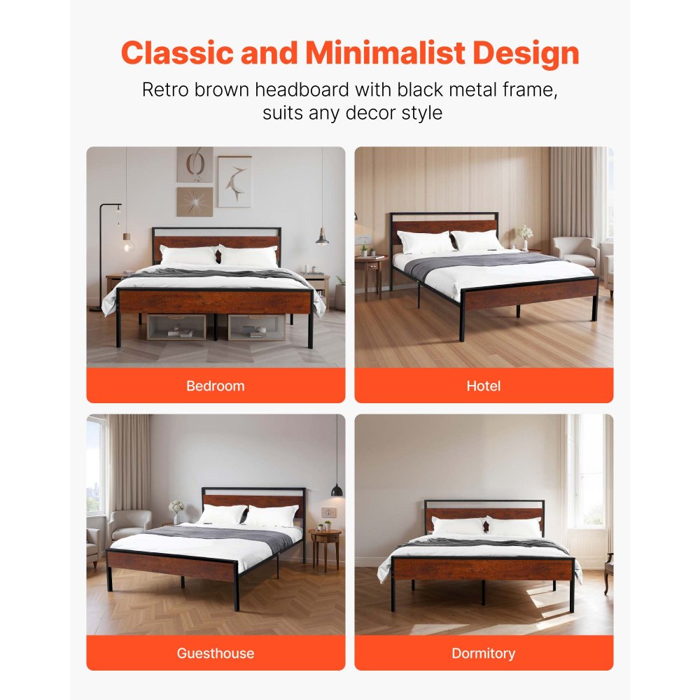 VEVOR Queen Size Bed Frame, 14 Inch Black Metal Platform Bed Frame with Retro Brown Wooden Headboard and Footboard, Large Under-Bed Storage, Non-Slip Without Noise, No Box Spring Needed, Easy Assembly