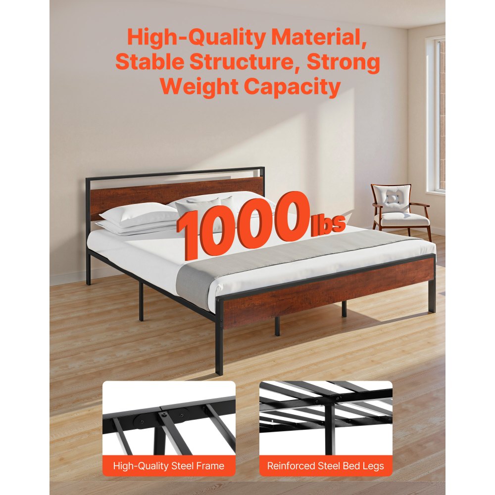 VEVOR King Size Bed Frame, 35 cm Black Metal Platform Bed Frame with Retro Brown Wooden Headboard and Footboard, Large Under-Bed Storage, Non-Slip Without Noise, No Box Spring Needed, Easy Assembly