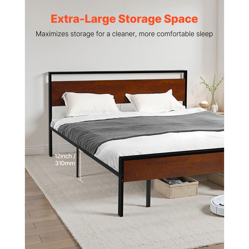 VEVOR King Size Bed Frame, 35 cm Black Metal Platform Bed Frame with Retro Brown Wooden Headboard and Footboard, Large Under-Bed Storage, Non-Slip Without Noise, No Box Spring Needed, Easy Assembly