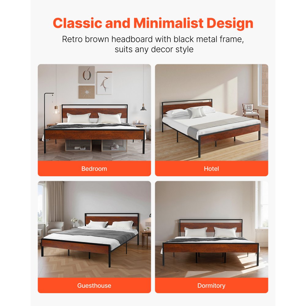 VEVOR King Size Bed Frame, 35 cm Black Metal Platform Bed Frame with Retro Brown Wooden Headboard and Footboard, Large Under-Bed Storage, Non-Slip Without Noise, No Box Spring Needed, Easy Assembly