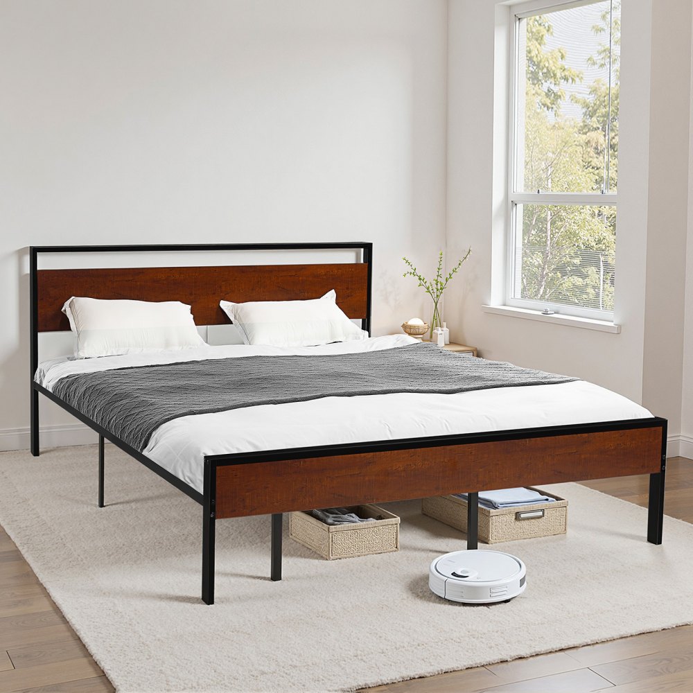 VEVOR King Size Bed Frame, 35 cm Black Metal Platform Bed Frame with Retro Brown Wooden Headboard and Footboard, Large Under-Bed Storage, Non-Slip Without Noise, No Box Spring Needed, Easy Assembly
