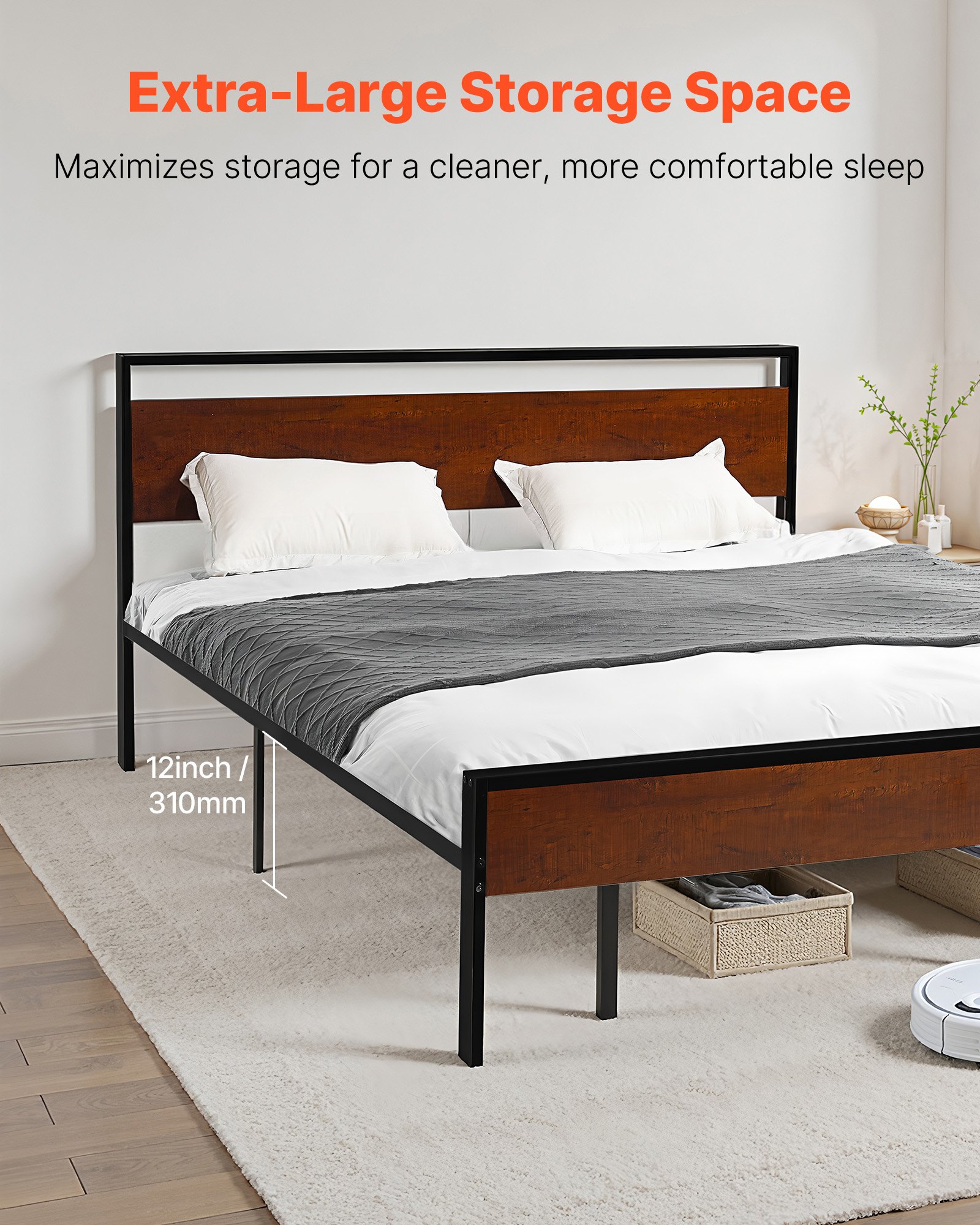 VEVOR King Size Bed Frame, 35 cm Black Metal Platform Bed Frame with Retro Brown Wooden Headboard and Footboard, Large Under-Bed Storage, Non-Slip Without Noise, No Box Spring Needed, Easy Assembly