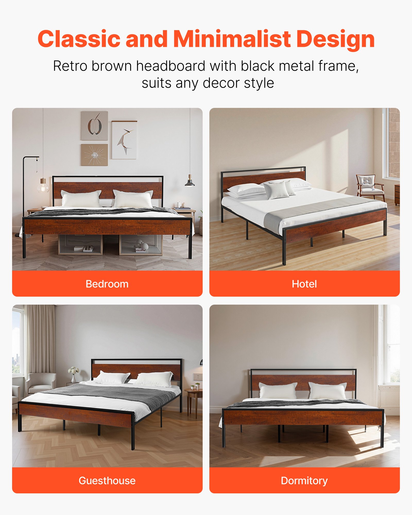 VEVOR King Size Bed Frame, 35 cm Black Metal Platform Bed Frame with Retro Brown Wooden Headboard and Footboard, Large Under-Bed Storage, Non-Slip Without Noise, No Box Spring Needed, Easy Assembly