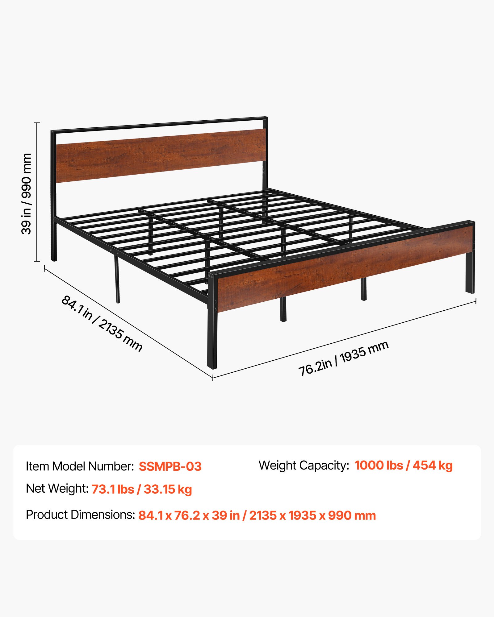 VEVOR King Size Bed Frame, 35 cm Black Metal Platform Bed Frame with Retro Brown Wooden Headboard and Footboard, Large Under-Bed Storage, Non-Slip Without Noise, No Box Spring Needed, Easy Assembly