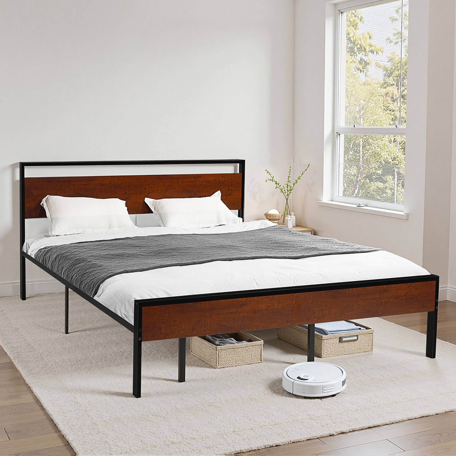 VEVOR King Size Bed Frame, 35 cm Black Metal Platform Bed Frame with Retro Brown Wooden Headboard and Footboard, Large Under-Bed Storage, Non-Slip Without Noise, No Box Spring Needed, Easy Assembly