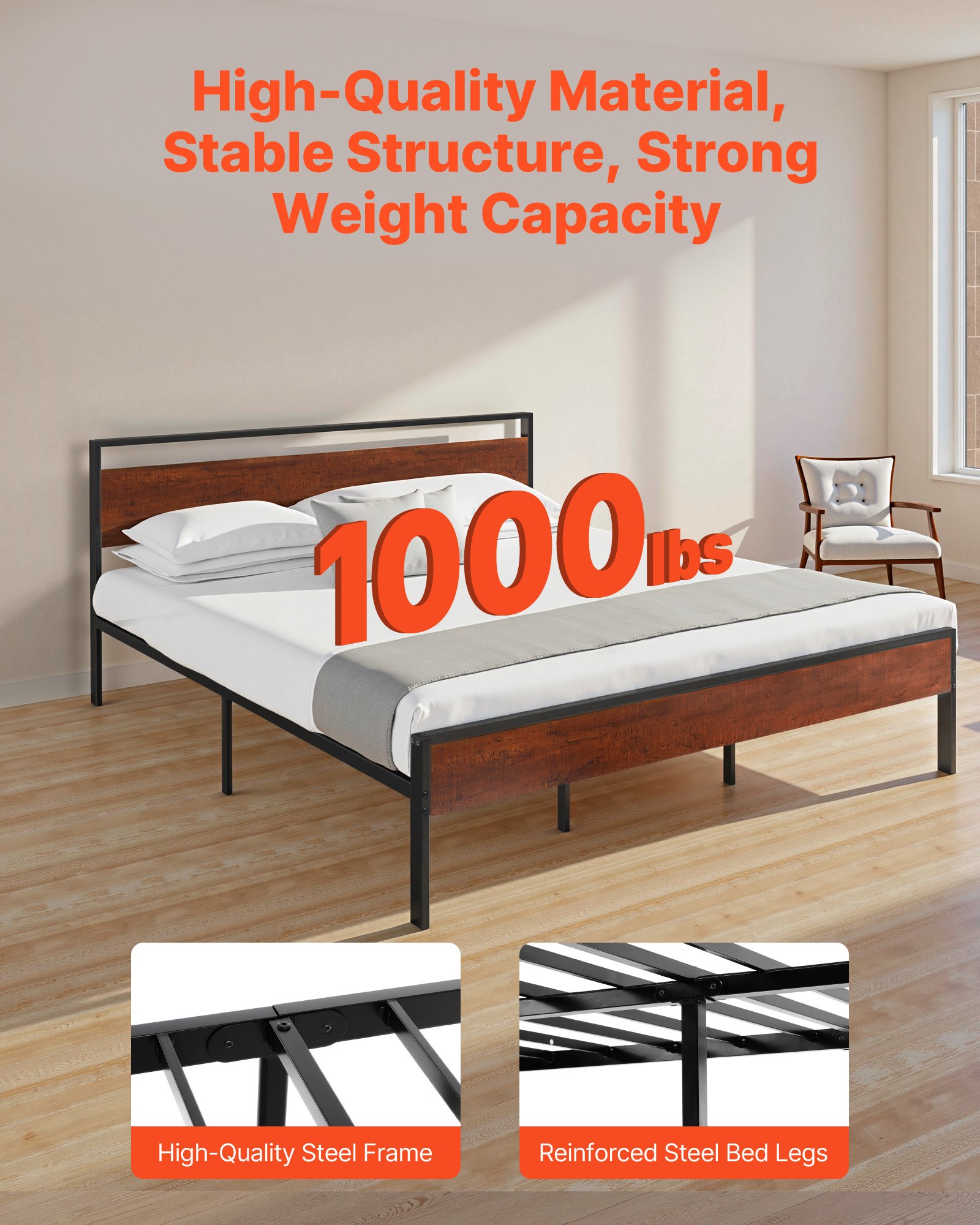 VEVOR King Size Bed Frame, 35 cm Black Metal Platform Bed Frame with Retro Brown Wooden Headboard and Footboard, Large Under-Bed Storage, Non-Slip Without Noise, No Box Spring Needed, Easy Assembly
