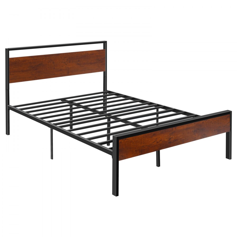 VEVOR Full Size Bed Frame, 14 Inch Black Metal Platform Bed Frame with Retro Brown Wooden Headboard and Footboard, Large Under-Bed Storage, Non-Slip Without Noise, No Box Spring Needed, Easy Assembly