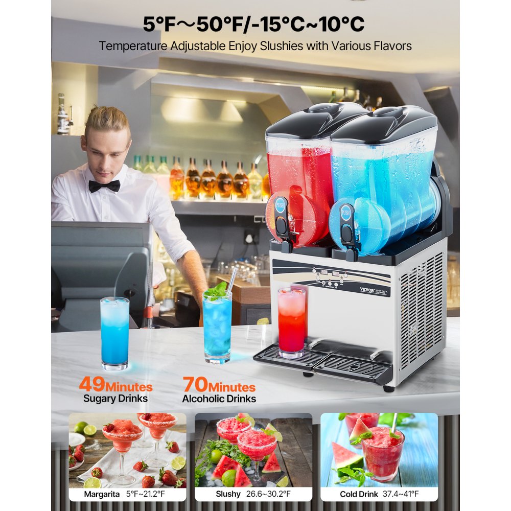 VEVOR Commercial Frozen Drink Maker, 15Lx2 Double Tank Slushy Machine, 120 Cups Stainless Steel Margarita Smoothie Frozen Drink Machine, Slushie Maker for Home Party Restaurants Cafe Bars
