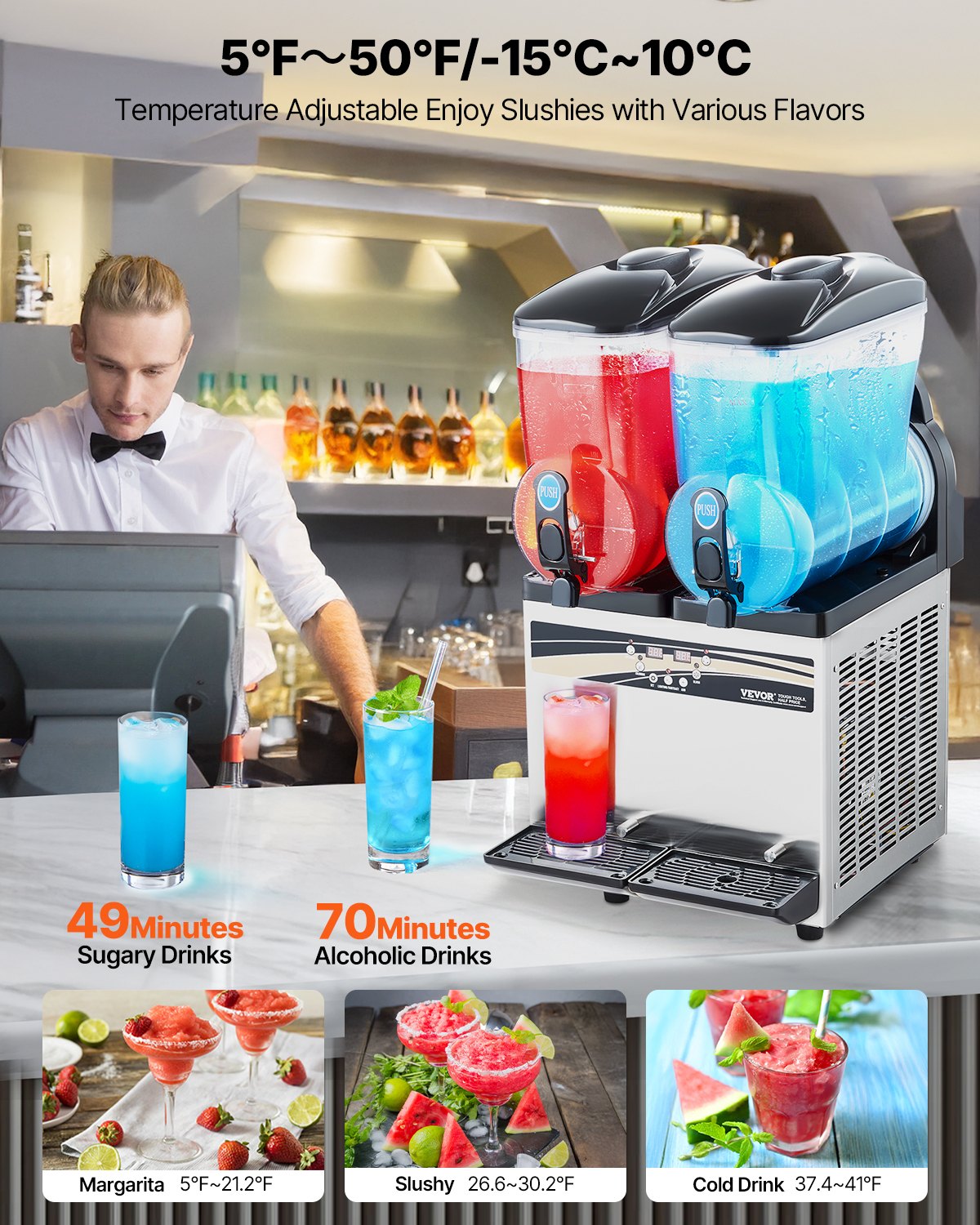 VEVOR Commercial Frozen Drink Maker, 15Lx2 Double Tank Slushy Machine, 120 Cups Stainless Steel Margarita Smoothie Frozen Drink Machine, Slushie Maker for Home Party Restaurants Cafe Bars
