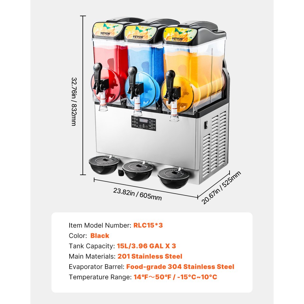 VEVOR Commercial Frozen Drink Maker, 15Lx3 Triple Tank Slushy Machine, 180 Cups Stainless Steel Margarita Smoothie Frozen Drink Machine, Slushie Maker for Home Party Restaurants Cafe Bars