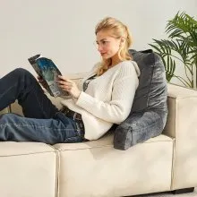 VEVOR Reading Pillow, Large Size Bed Pillow with Shredded Memory Foam, Back Pillow with 3 Pockets and Washable Short Velvet Cloth, Top with Handle, for Watching TV, Reading, Gaming, Resting, Grey
