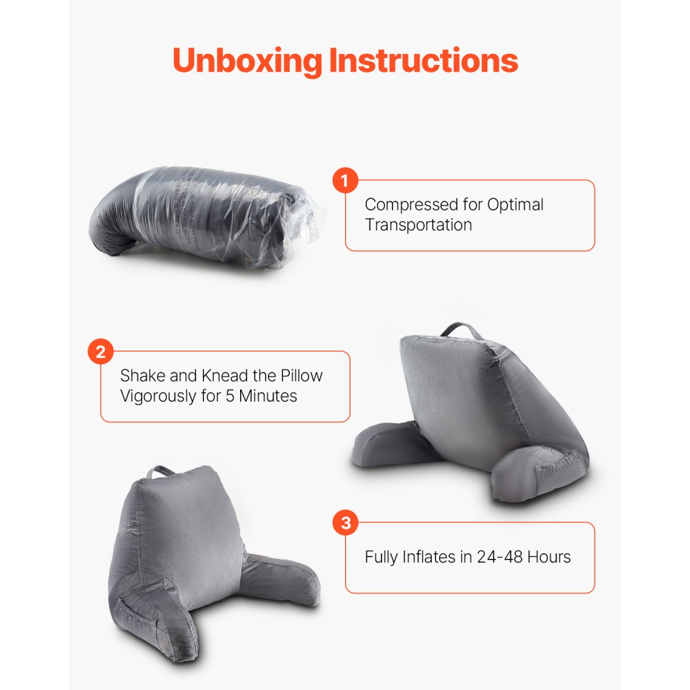 Travesseiro de leitura VEVOR, travesseiro de cama tamanho padrão com espuma viscoelástica triturada, travesseiro de costas com 3 bolsos e tecido curto de veludo lavável, parte superior com alça, para assistir TV, ler, jogar, descansar, cinza