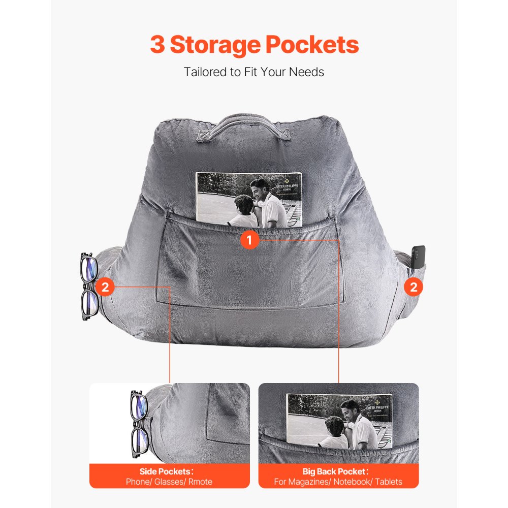 Travesseiro de leitura VEVOR, travesseiro de cama tamanho padrão com espuma viscoelástica triturada, travesseiro de costas com 3 bolsos e tecido curto de veludo lavável, parte superior com alça, para assistir TV, ler, jogar, descansar, cinza