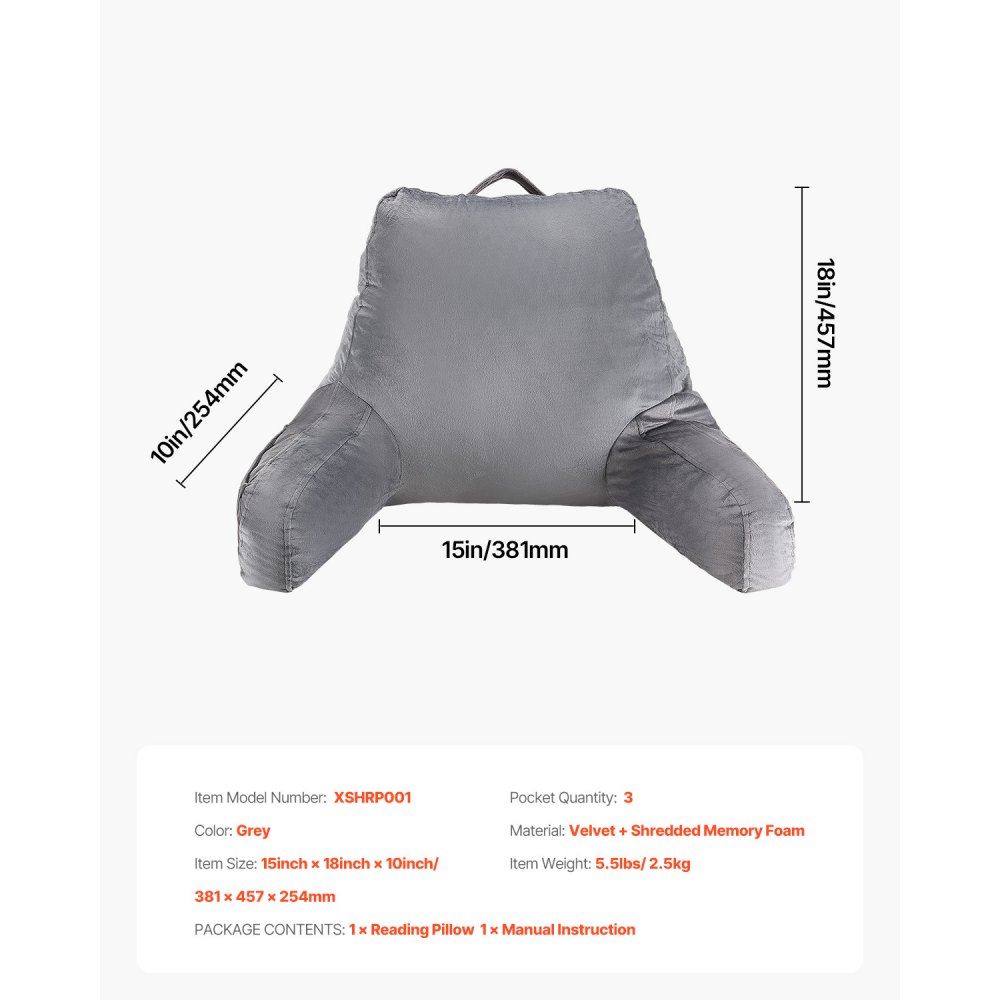 Travesseiro de leitura VEVOR, travesseiro de cama tamanho padrão com espuma viscoelástica triturada, travesseiro de costas com 3 bolsos e tecido curto de veludo lavável, parte superior com alça, para assistir TV, ler, jogar, descansar, cinza