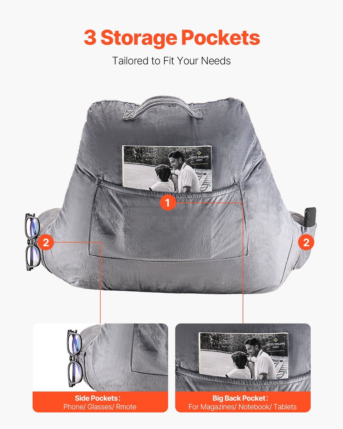 Travesseiro de leitura VEVOR, travesseiro de cama tamanho padrão com espuma viscoelástica triturada, travesseiro de costas com 3 bolsos e tecido curto de veludo lavável, parte superior com alça, para assistir TV, ler, jogar, descansar, cinza