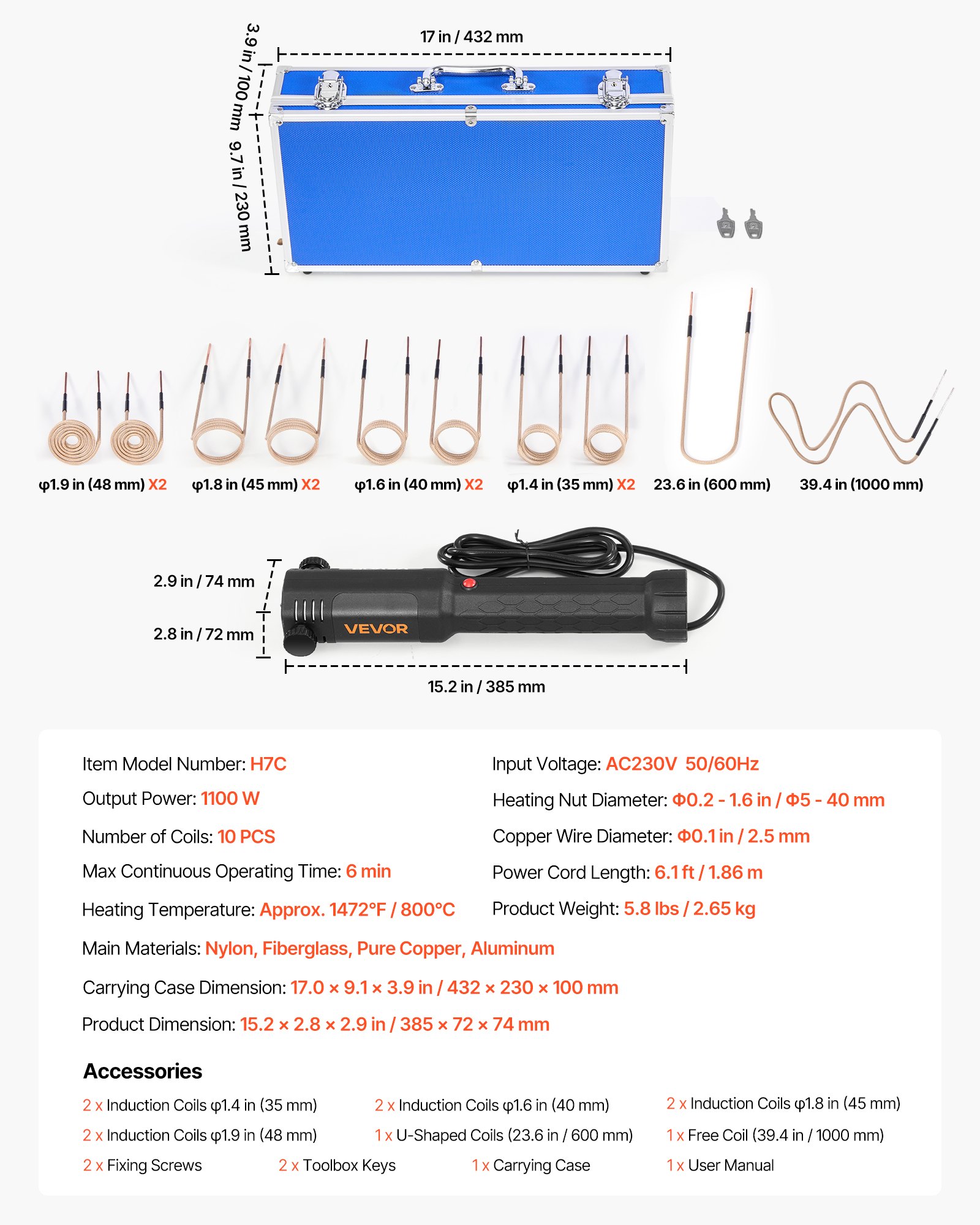 VEVOR Induction Heater Bolt Removal, 1100W 230V Magnetic Induction Heater Kit, Handheld Nut Buster Tool, Mini Heating Machine for Rusty Screw Removing, Car Garage Repairing Tools with 10 Coil and Box