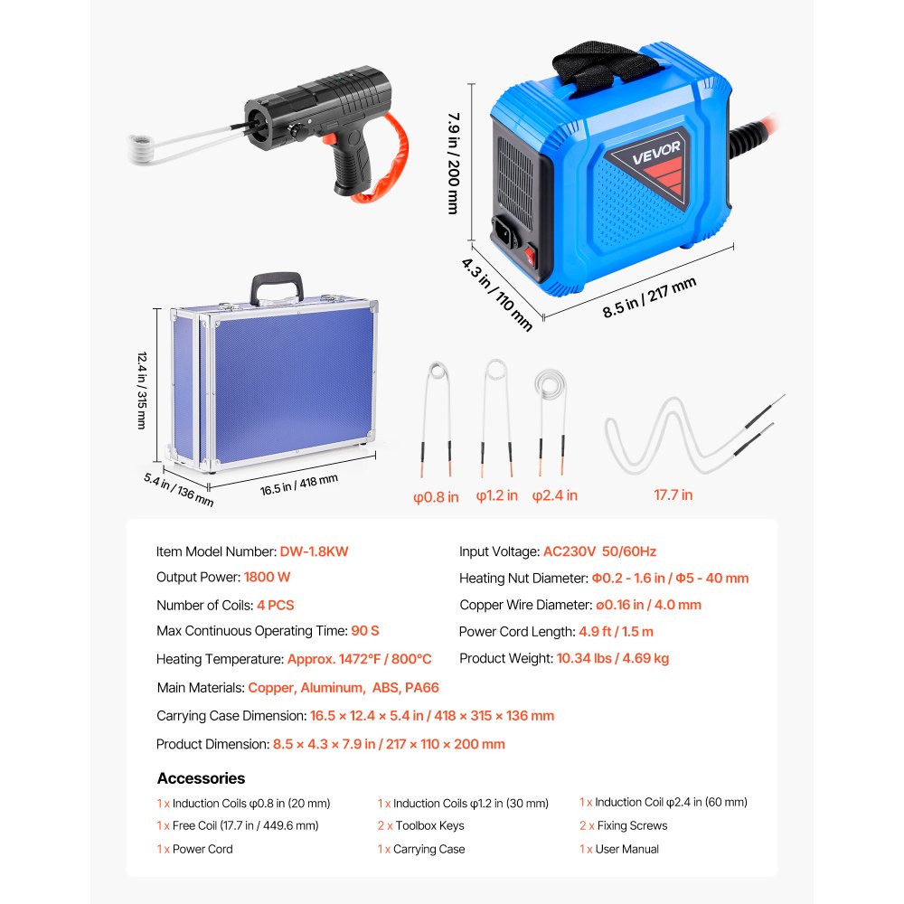 VEVOR Induction Heater Bolt Removal, 1800W 110V Magnetic Induction Heater Kit, Handheld Nut Buster Tool for Rusty Screw Removing, Car Garage Repairing Tools with 4 Coils and Box