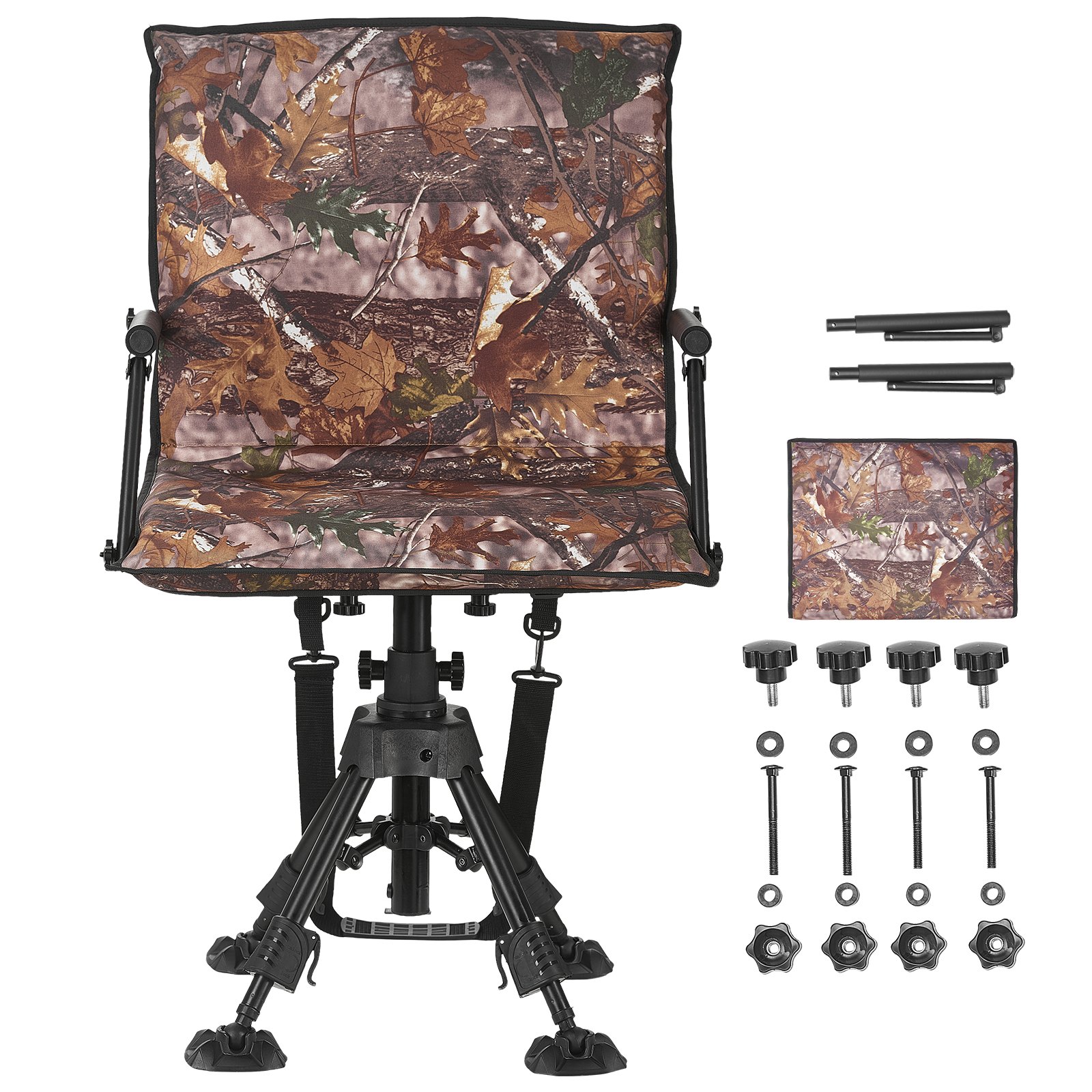 VEVOR Hunting Chair, 360° Silent Swivel, Foldable Portable Blind Chair, Heavy-Duty Steel Frame Ground Stool Seat, with Armrests, Cover, Anti-Sink Feet, Height Adjustable, 350 Lbs Capacity for Camping