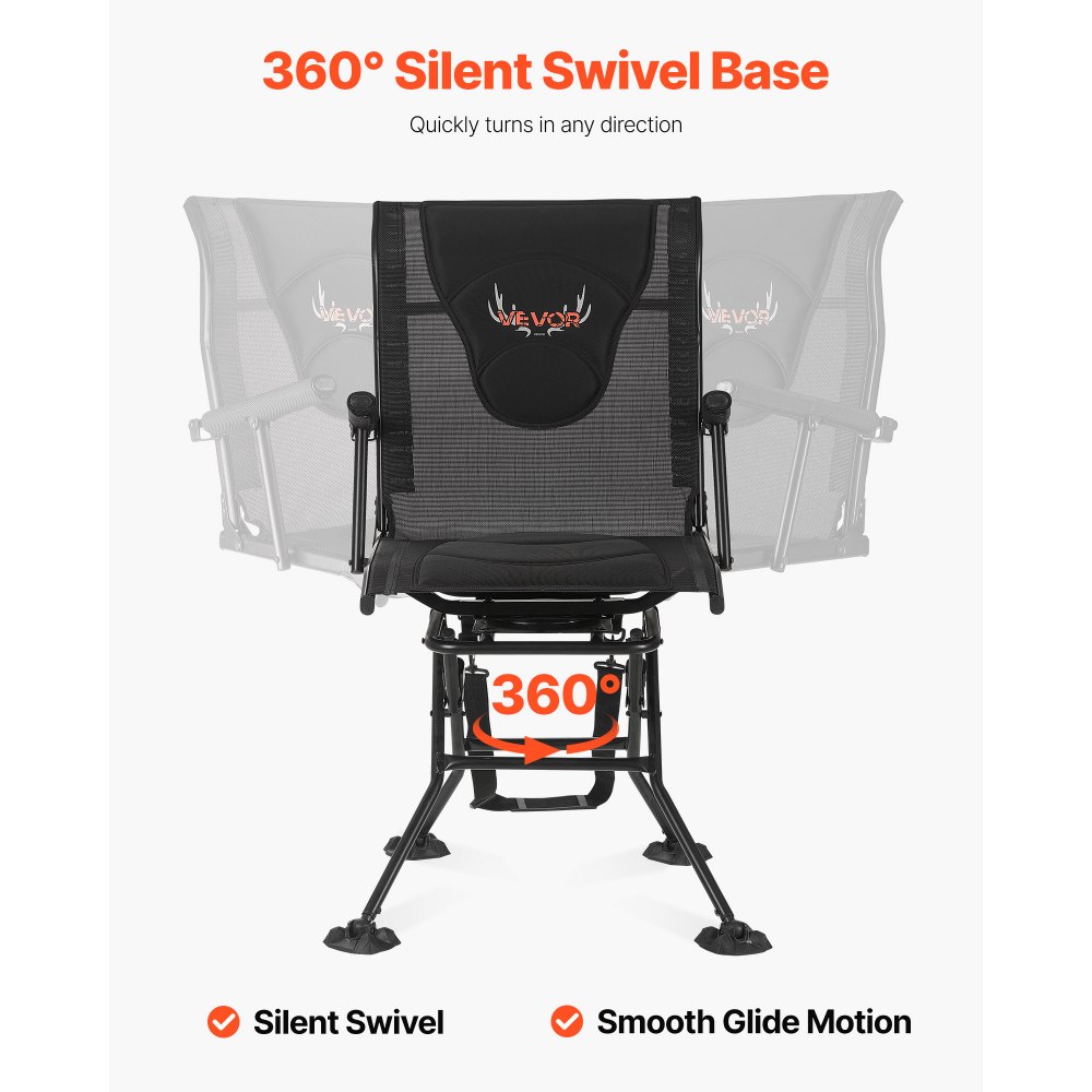 VEVOR Hunting Chair, 360° Silent Swivel, Foldable Portable Blind Chair, Heavy-Duty Steel Frame Ground Stool Seat, with Armrests, Adjustable Carry Strap, Anti-Sink Feet, 300 Lbs Capacity for Fishing