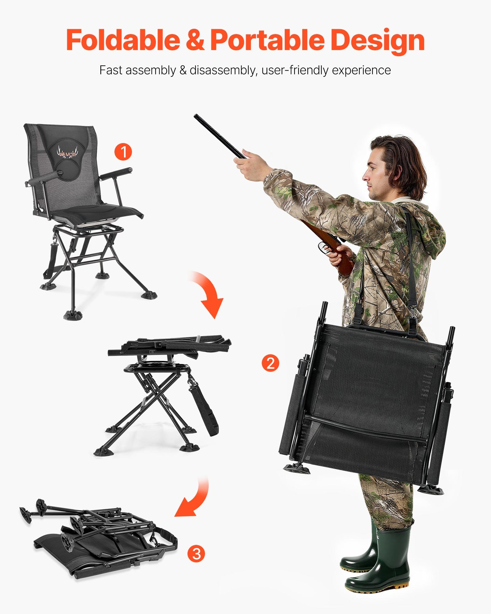 VEVOR Hunting Chair, 360° Silent Swivel, Foldable Portable Blind Chair, Heavy-Duty Steel Frame Ground Stool Seat, with Armrests, Adjustable Carry Strap, Anti-Sink Feet, 300 Lbs Capacity for Fishing