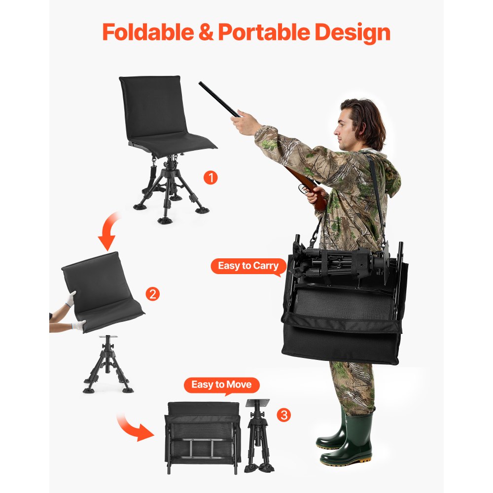 VEVOR Hunting Chair, 360° Silent Swivel, Foldable Portable Blind Chair, Heavy-Duty Steel Frame Ground Stool Seat, with Seat Cover, Anti-Sink Swivel Feet, Height Adjustable, 158 Kg Capacity for Fishing