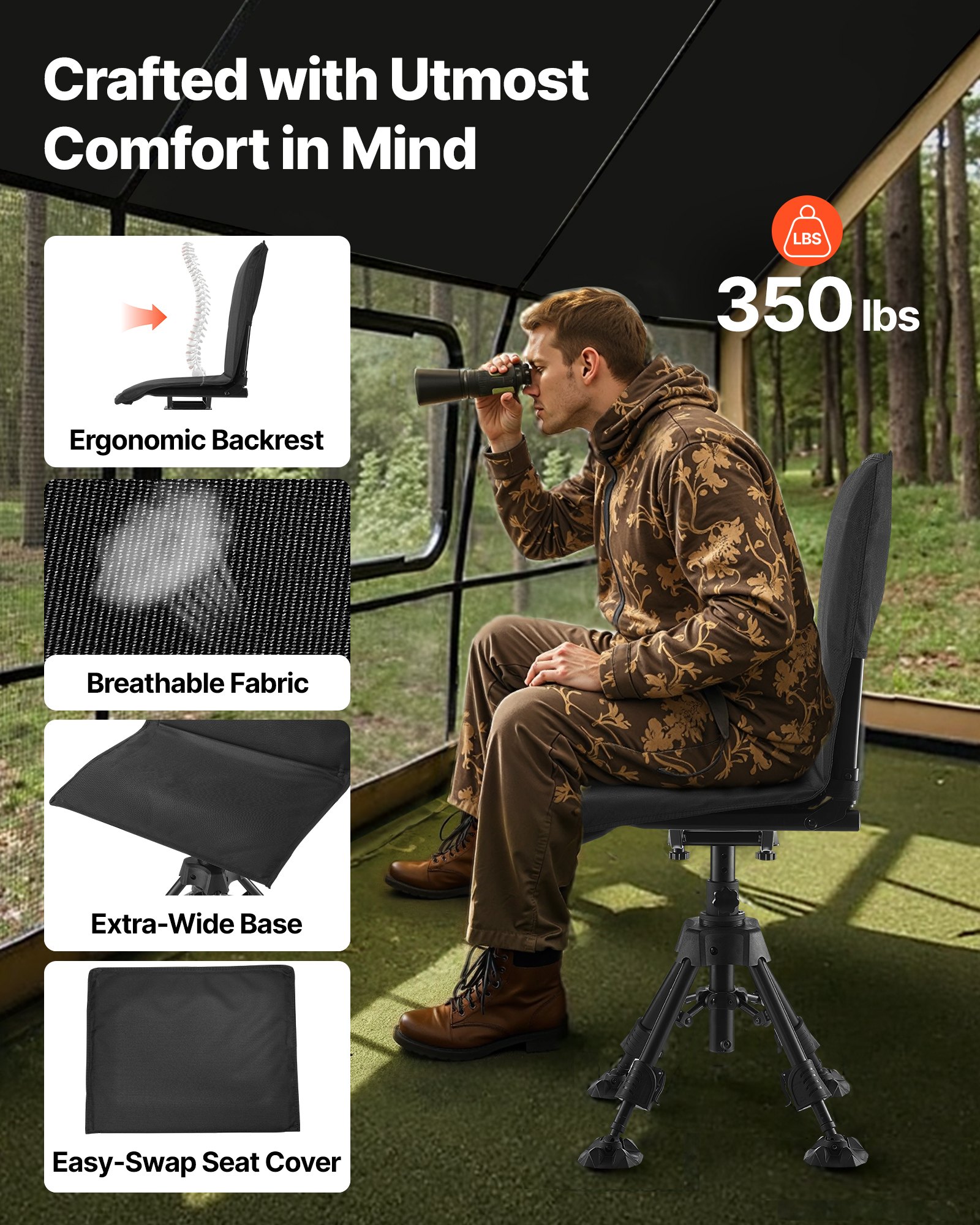 VEVOR Hunting Chair, 360° Silent Swivel, Foldable Portable Blind Chair, Heavy-Duty Steel Frame Ground Stool Seat, with Seat Cover, Anti-Sink Swivel Feet, Height Adjustable, 158 Kg Capacity for Fishing